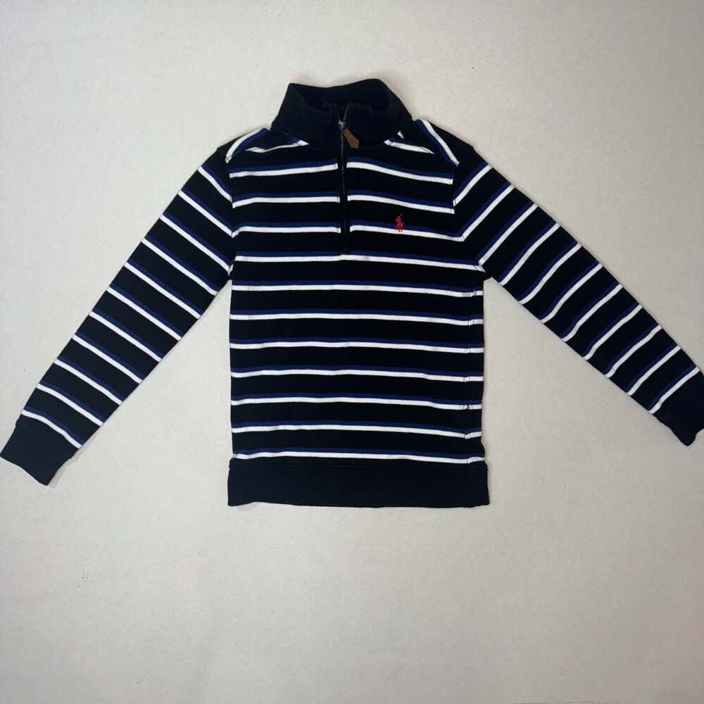 Polo Ralph Lauren Boys Striped Quarter-Zip Pullover Sweater Navy Blue White